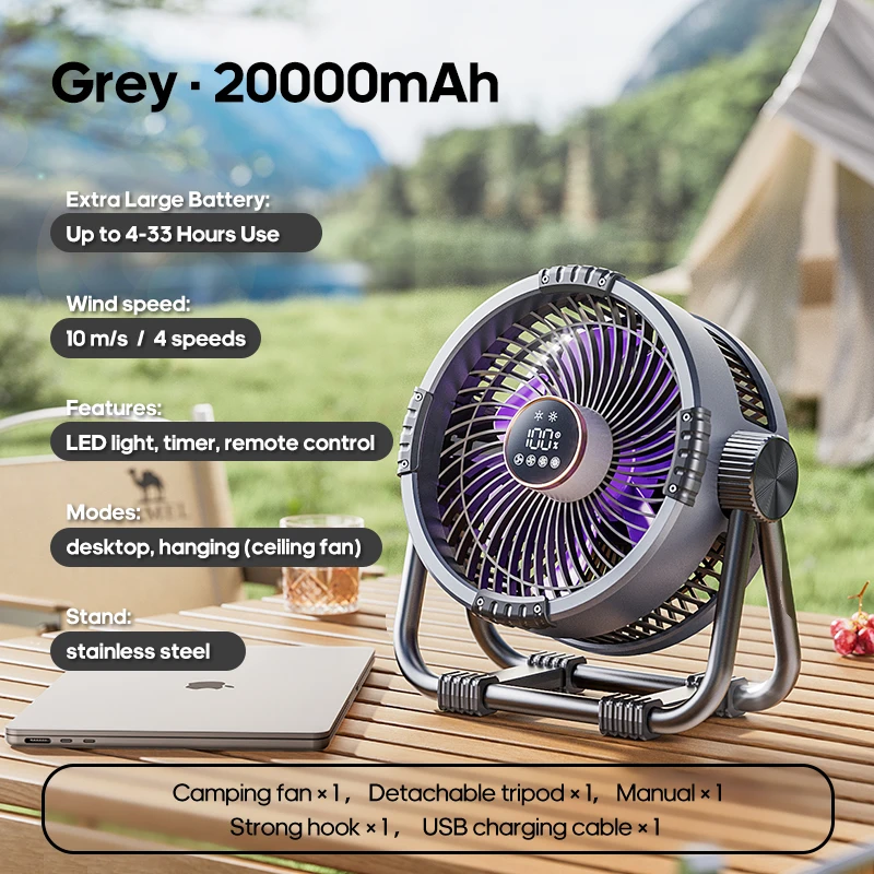 Ventilador Portátil 6 em 1 para Camping, com Quatro Velocidades de Vento, Luz Led e Bateria Externa. MDUG (cinza)