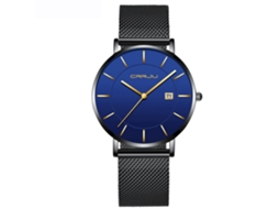 Relógio de pulso masculino em aço inoxidável com pulseira de malha e mecanismo de quartzo azul redondo.
