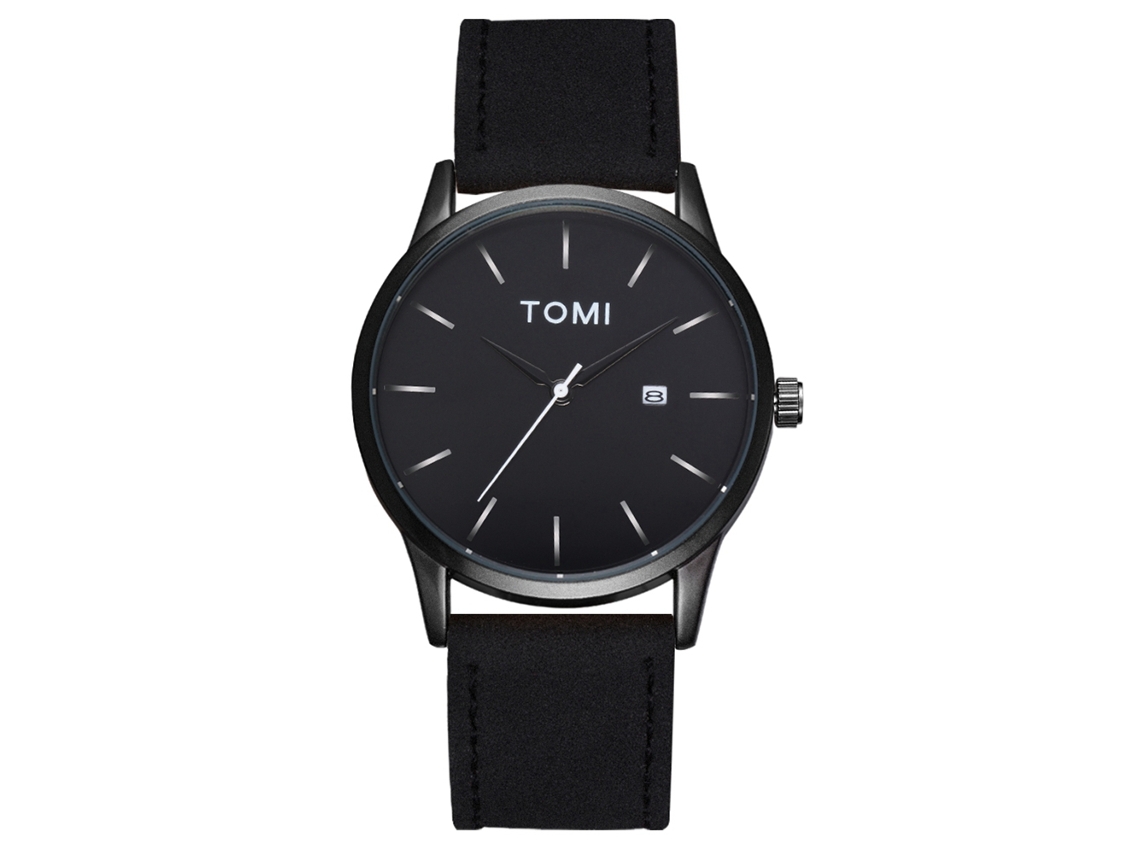 Relógio de negócios Tomi Fashion, mostrador redondo, pulseira de PU, movimento de quartzo, preto.