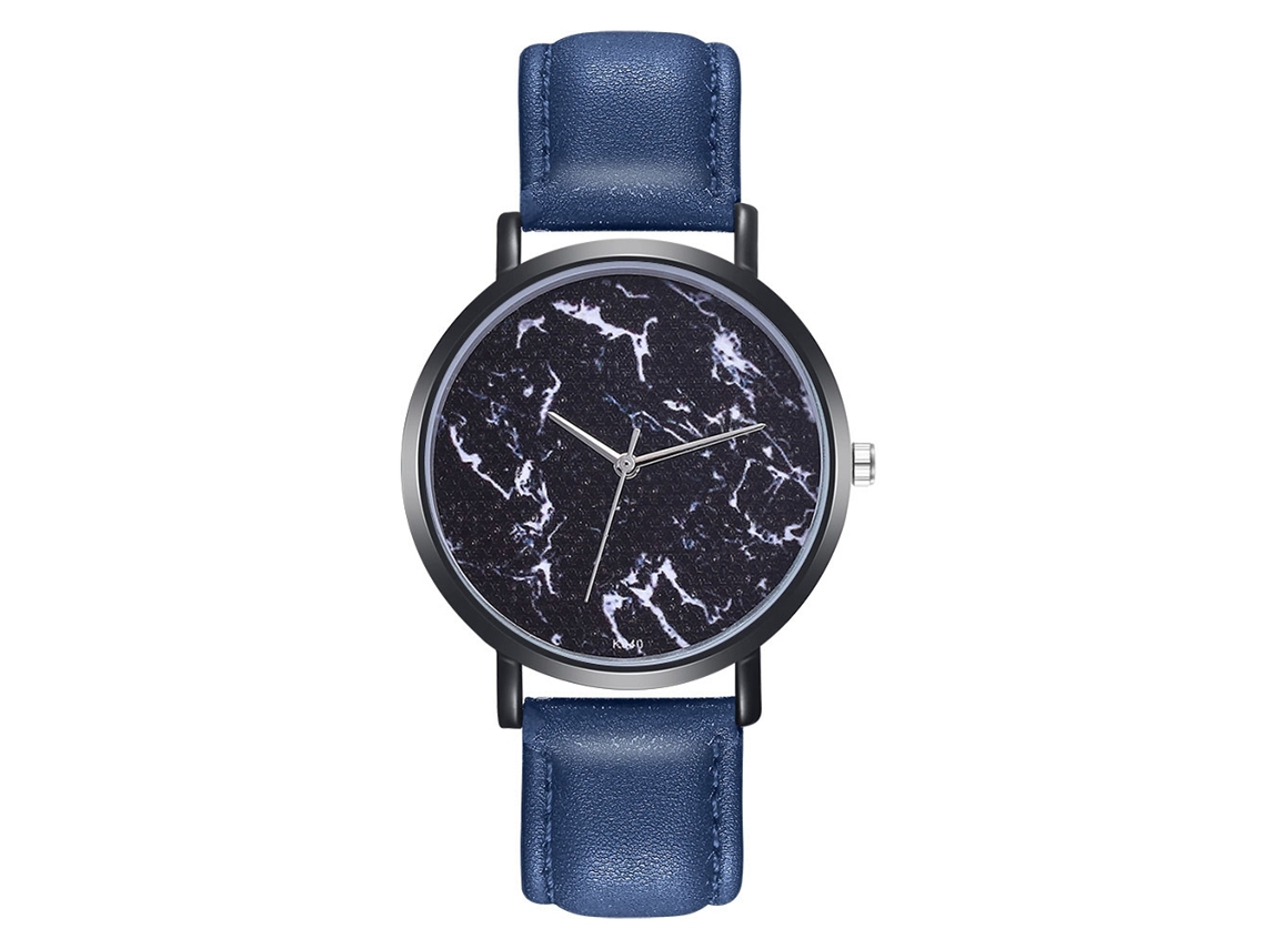 Relógio de quartzo casual masculino e feminino com pulseira de couro PU e mostrador redondo azul.