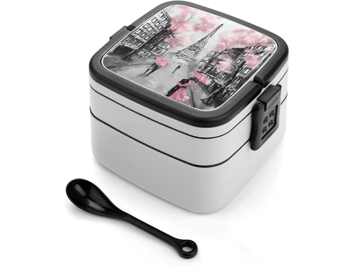 Lancheira Bento Paris Street Torre Eiffel Floral Rosa, Dupla Camada, 1000ml, Empilhável, À Prova De Vazamentos, Com
