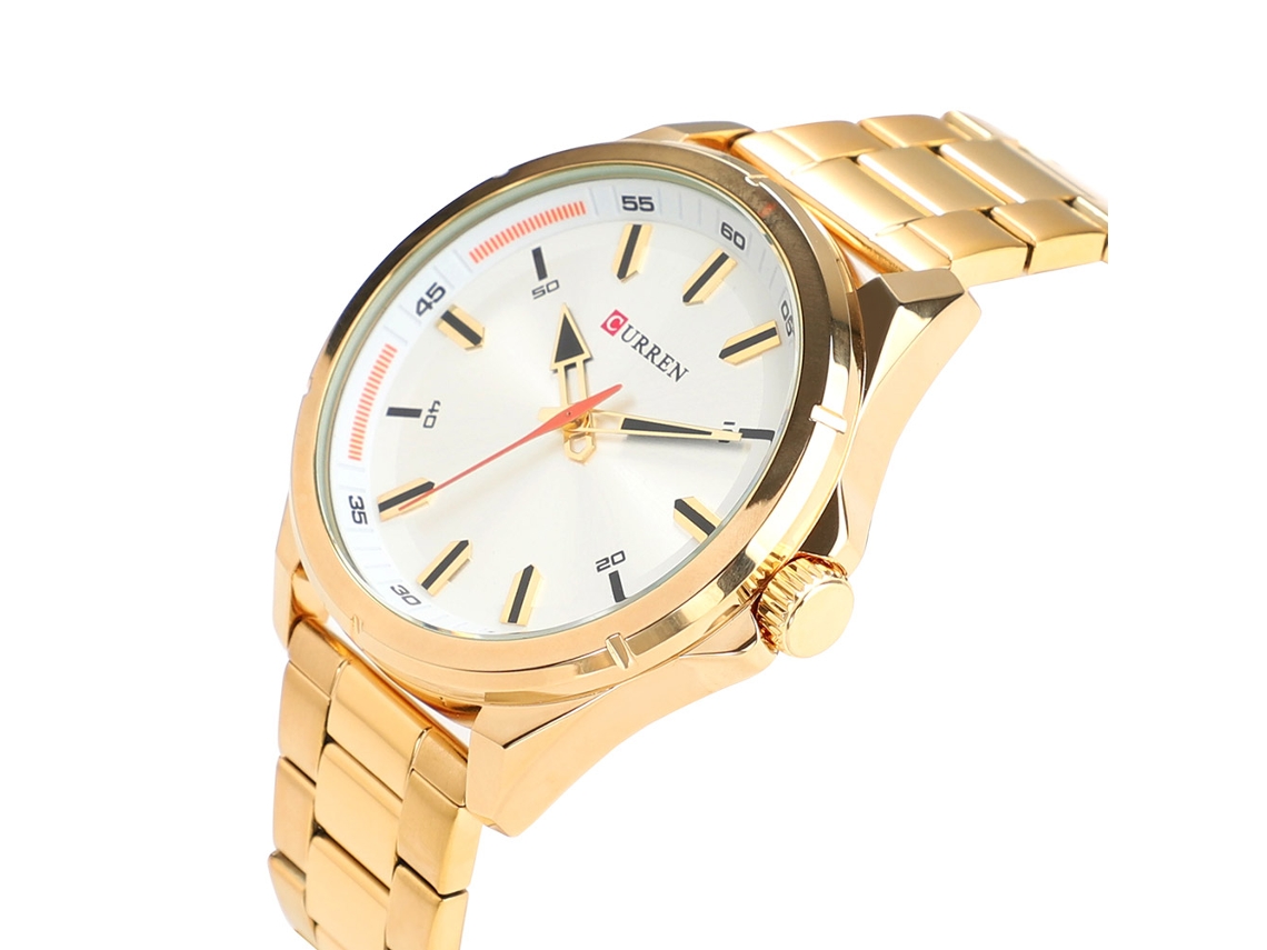 Relógio masculino Curren 8320, aço, quartzo, resistente à água, mostrador branco, caixa dourada.