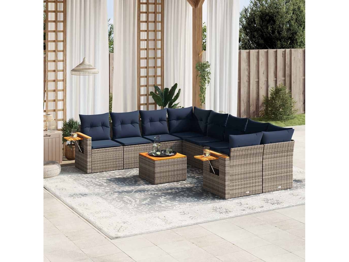 Vidaxl 9 Pcs Conjunto Sofás P/ Jardim C/ Almofadões Vime Pe Cinzento