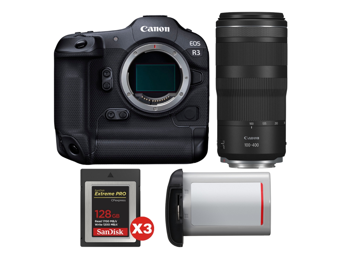 Eos R3 + Rf 100 400mm F/5.6 8 Is Usm + 3 Sandisk 128gb Extreme Pro Cfexpress Type B + Canon Lp e19 + Ebook Pricedirect CANON