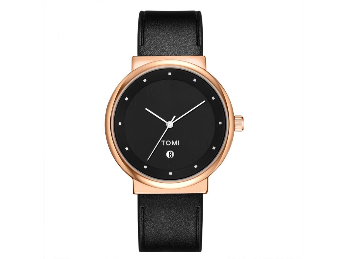 Reloj Hombre Tomi Estilo Simple Dial Redondo Correa Pu Cuarzo Oro Rosa Negro