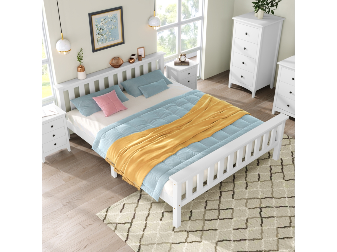 Cama De Madeira Maciça 140x200 Cm Rede De Lamelas Branca Adultos Crianças