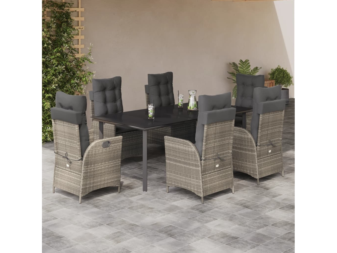 7 Pcs Conj. Jantar P/ Jardim C/ Almofadões Vime Pe Cinza Claro Dkd Home Decor