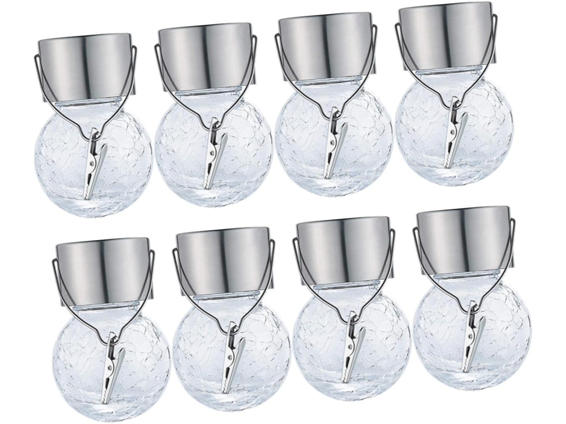 Conjunto de 8 Luminárias Solares Suspensas, com Esferas de Vidro Craquelado e Aço Inoxidável. SFUSHOS