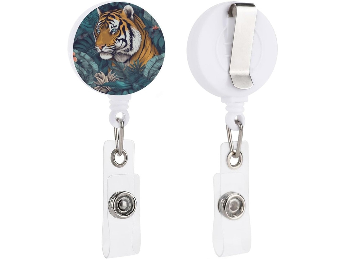 Porta-crachá retrátil com clipe e chaveiro de argola, estampa de tigre tropical e um porta-crachá divertido e charmoso.