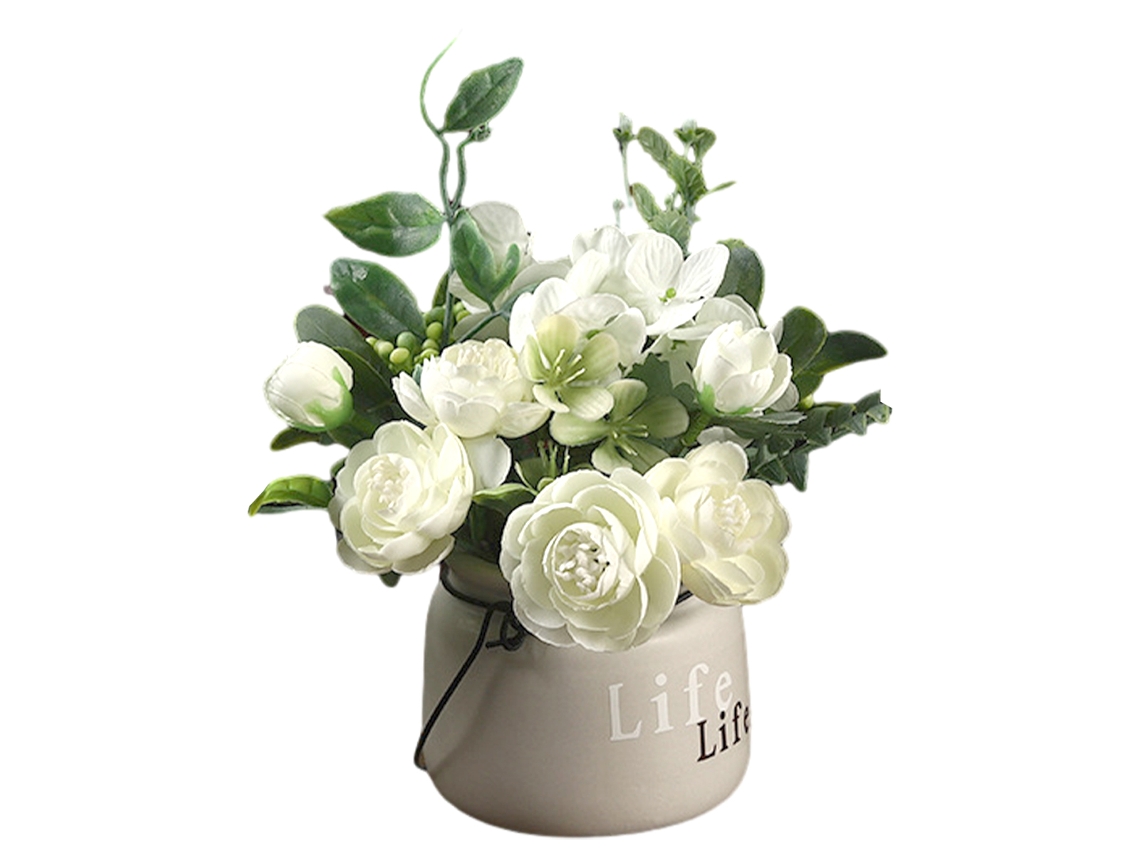 Conjunto de Flores Artificiais com Pequeno Vaso de Cerâmica Buquê de Rosas e Hortênsias NEVEANCE