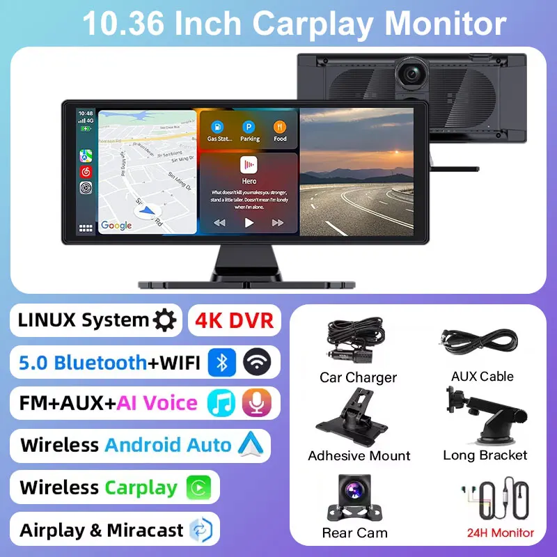 (ahd-) Câmera Veicular Inteligente, Câmera De Ré 4k Sem Fio De 10,33 Polegadas Com Carplay