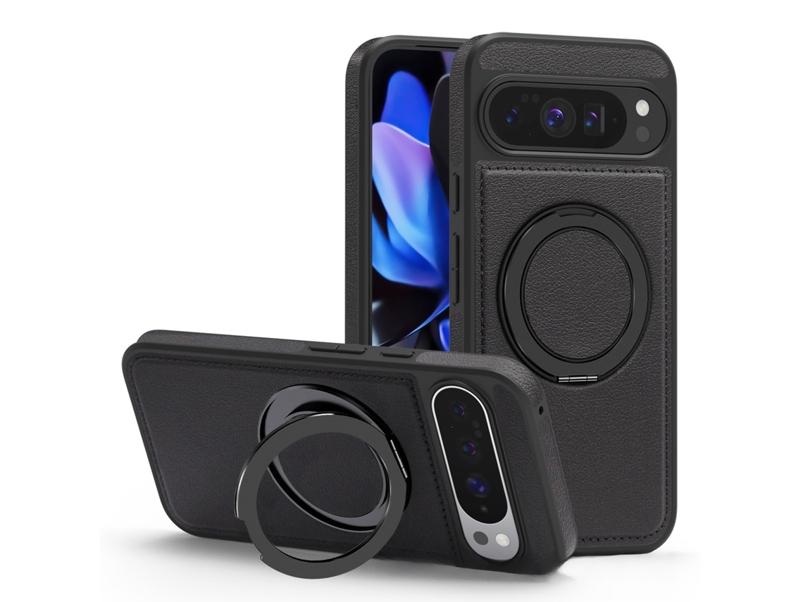 Capa Para Telemóvel Com Suporte Magnético E Textura De Couro Para Google Pixel 11 Pro (preto)