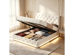 Cama Casal Estofada 160x200cm, Sistema Hidráulico De Armazenamento, Luzes Led Rgb, Cabeceira Ajustável, Cama Moderna Para Quarto De Casal,linho,bege