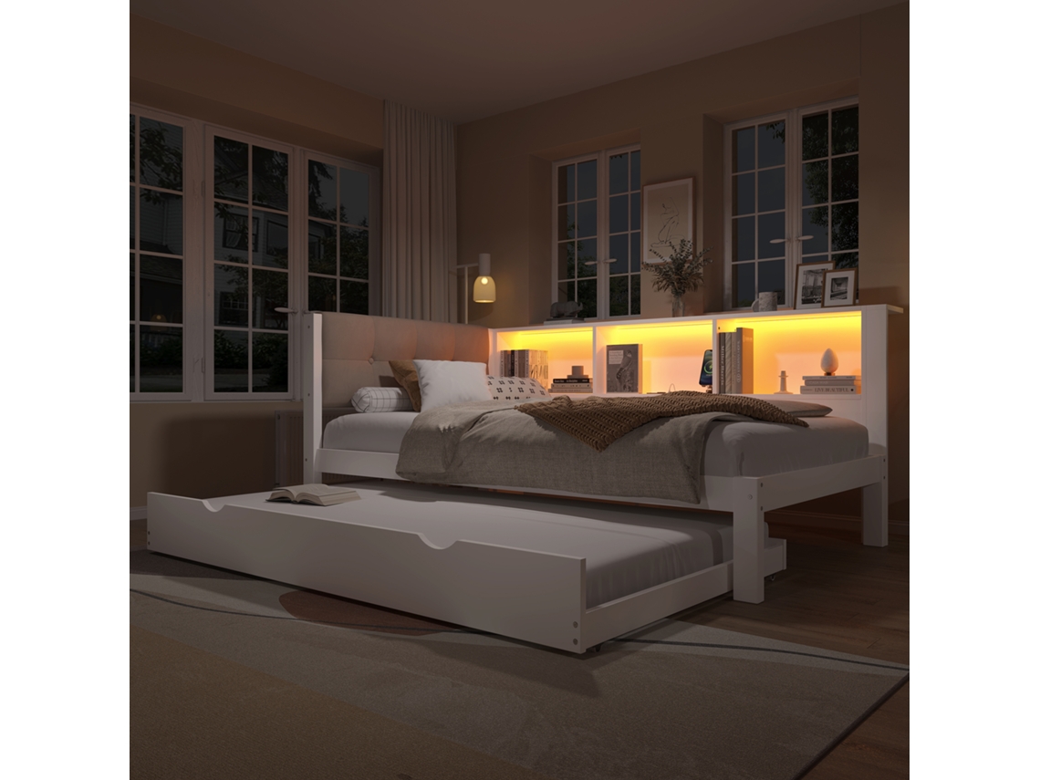 Sofá Cama 90x200cm Pinheiro Branco Led Usb Com Prateleira