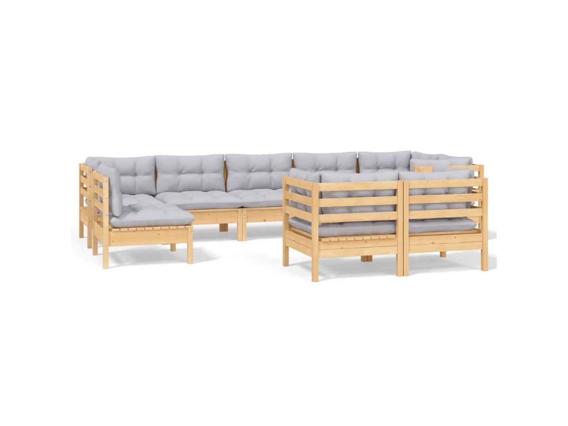 Conjunto de 9 Garden Lounge com Almofadões Cinza Pinho Maciço MAISON EXCLUSIVE