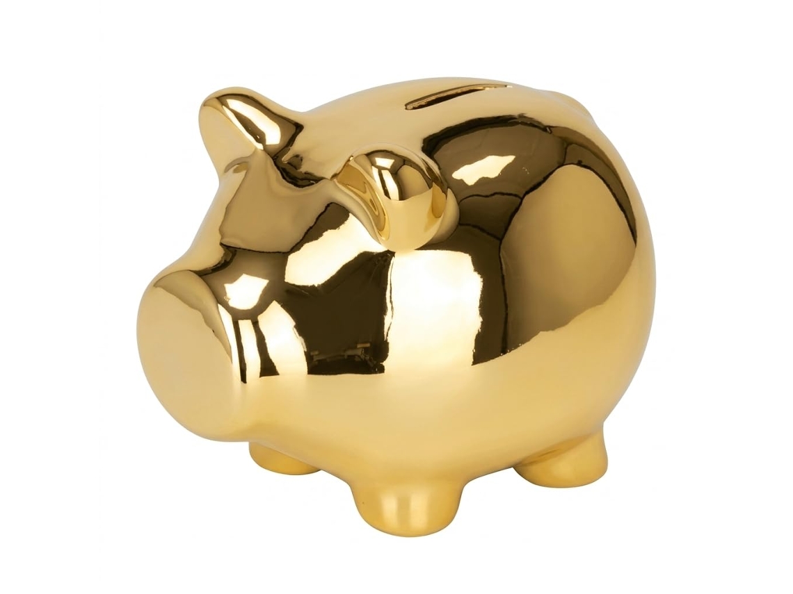 Cofrinho Cerâmico 12x9x9cm Acabamento Brilhante Dourado, Decoração para Sala, Escritório e Estante