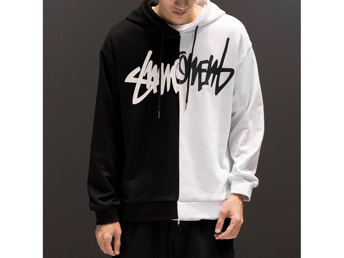 Moletom com Capuz de Blocos de Cor Preto e Branco Manga Longa Confortável para Escola Trabalho L