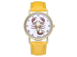 Relógio feminino moderno de quartzo com pulseira de couro PU e mostrador redondo amarelo.
