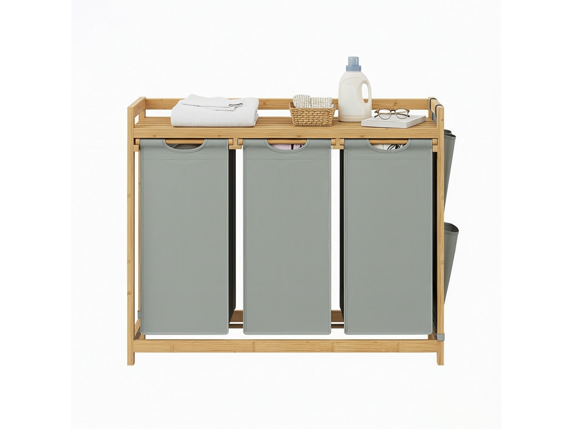 Cesto De Roupa Suja Com 3 Compartimentos Em Bambu, 150 L, Cinza, 33,8 X 93,8 X 78 Cm, Para Organizar E Guardar Roupa Suja De Forma Prática