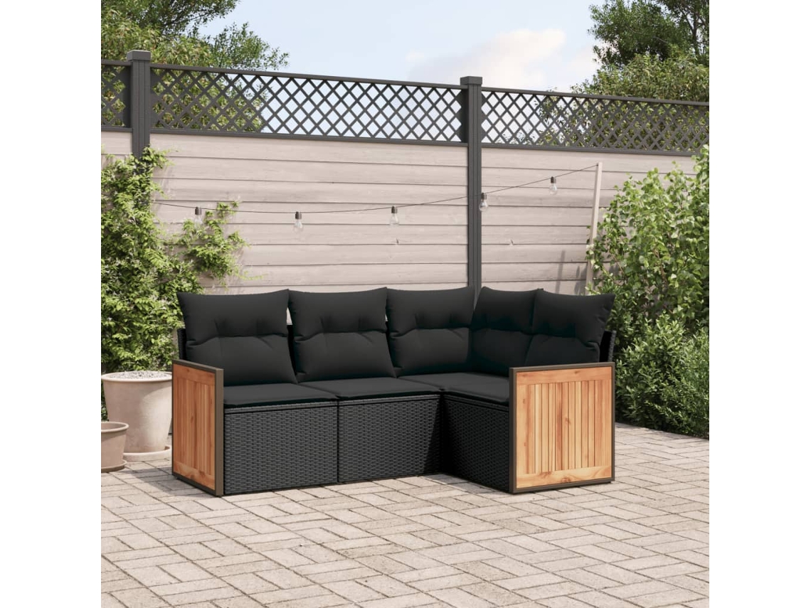 Vidaxl 4 Pcs Conjunto De Sofás Para Jardim C/ Almofadões Vime Pe Preto