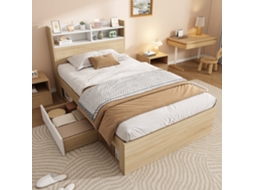 Cama Solteiro Madeira 90x200 Carvalho Cabeceira Prateleira 2 Gavetas