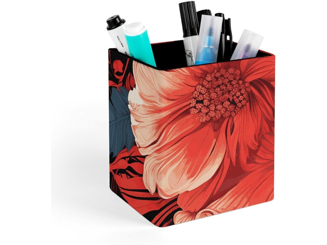 Porta Lápis Quadrado Em Couro Computador, Porta Pincéis De Maquiagem Mulheres, Estampa Floral Vermelha, Ideal