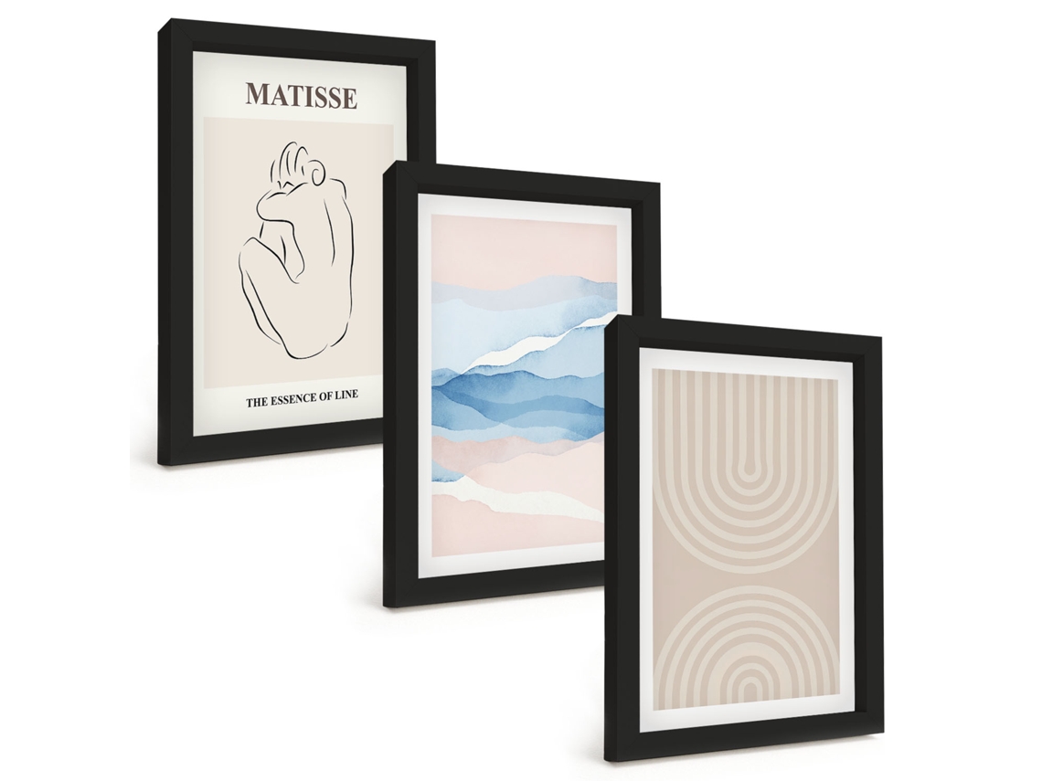 Galeria De Pinturas Muraislinhas, Ondas, Minimalismo Pastel Moldura Preta Fotos Para O Escritório Espelharte (3 Peças 20x30 Cm)