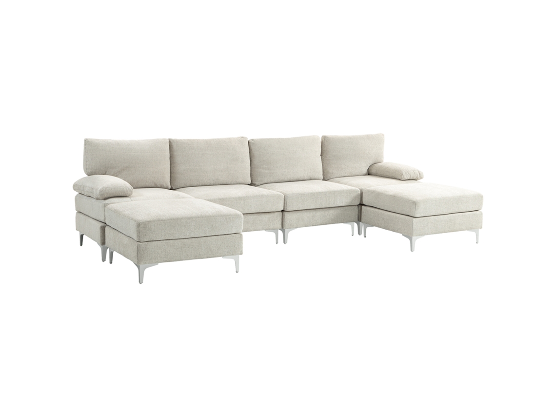 Sofá Modular De 4 Peças Com Pufe E Almofadas, Tecido Com Efeito Chenille, 313x149x88 Cm, Branco Creme