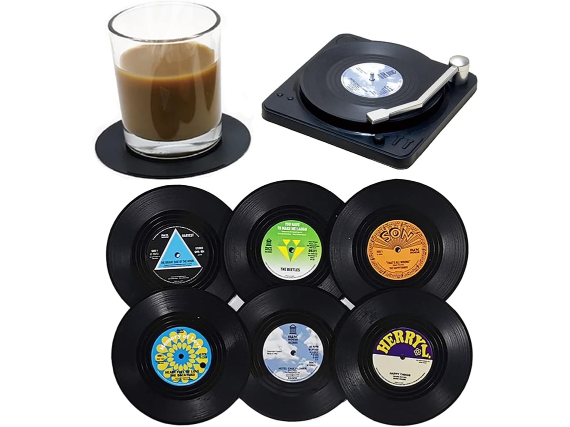 Conjunto de 6 porta copos retrô em vinil antiderrapantes para CDs AQUAFORGE