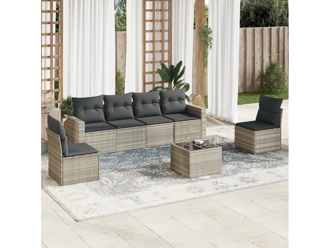 Vidaxl 7 Pcs Conj. Sofás Jardim Com Almofadões Vime Pe Cinzento-claro