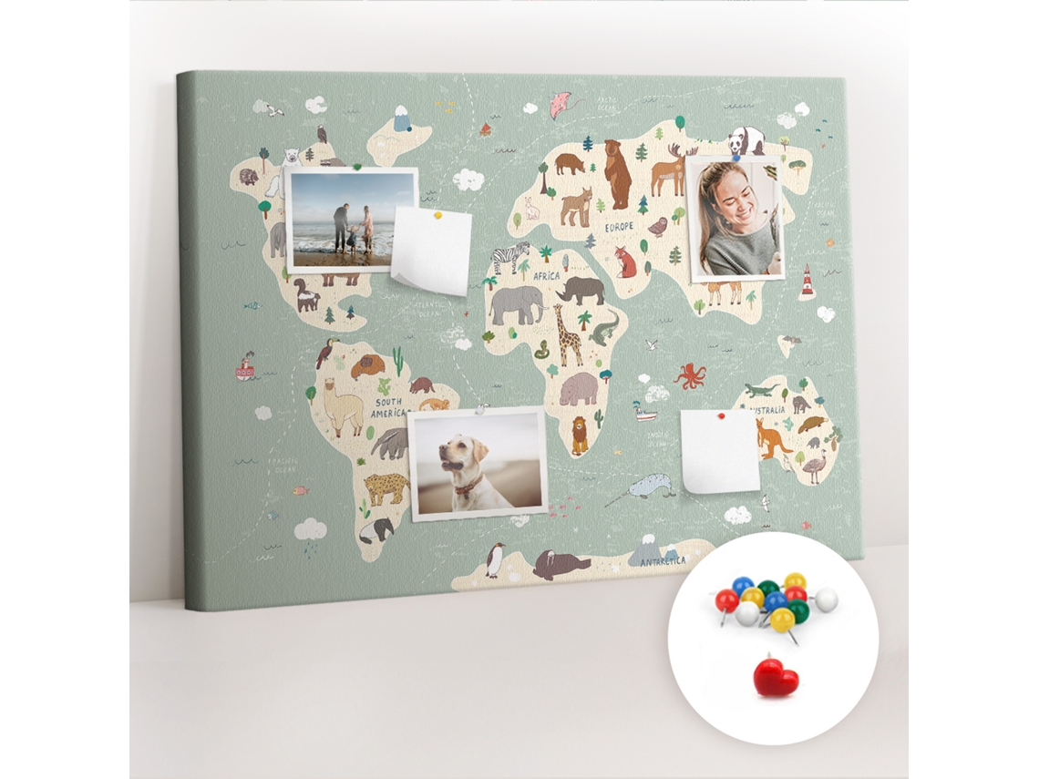 Lousa De Cortiça Mapa-múndi Com Animais Para O Escritório Espelharte (70x100 Cm)