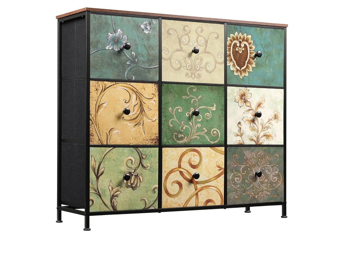 Cómoda Com 9 Gaveta,armários Com Estampado Floral,design Retro,estrutura Metálica,100x30x86.5cm