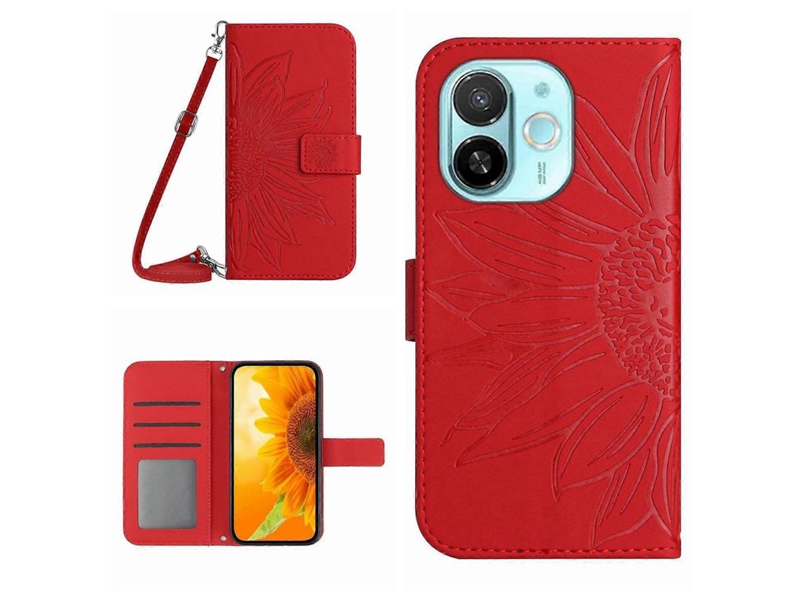 Capa De Celular De Couro Com Estampa De Girassol E Cordão Skin Feel