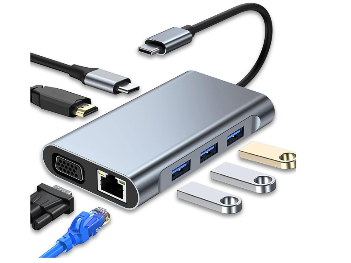 Hub Usb C Yemaesre 2110c Multiportas 7 Em 1 Com 4k Hdmi, Vga, Usb 3.0, 100w Pd E Ethernet Rj45 Cinza Aquaforge