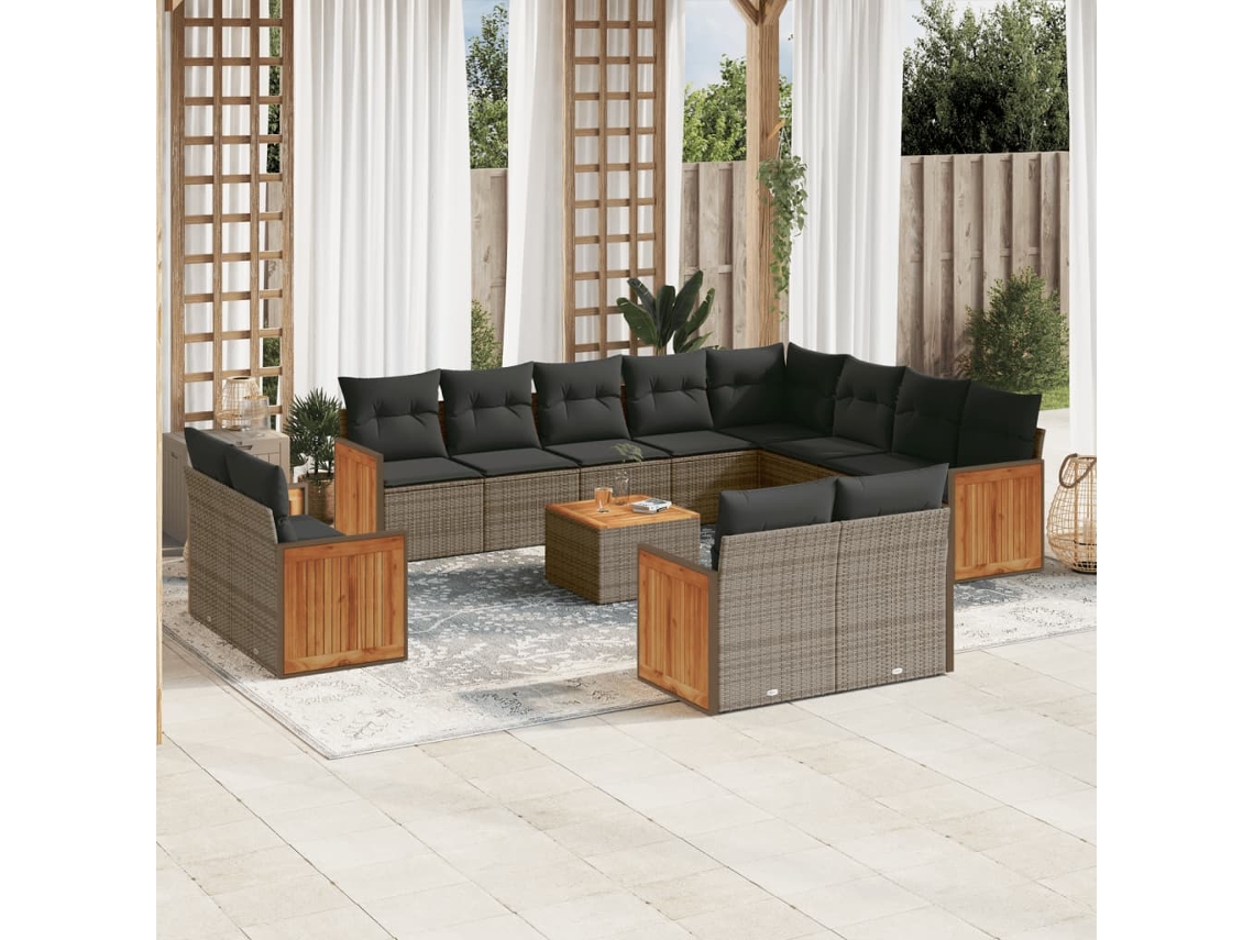 Vidaxl 13 Pcs Conjunto Sofás P/ Jardim C/ Almofadões Vime Pe Cinzento