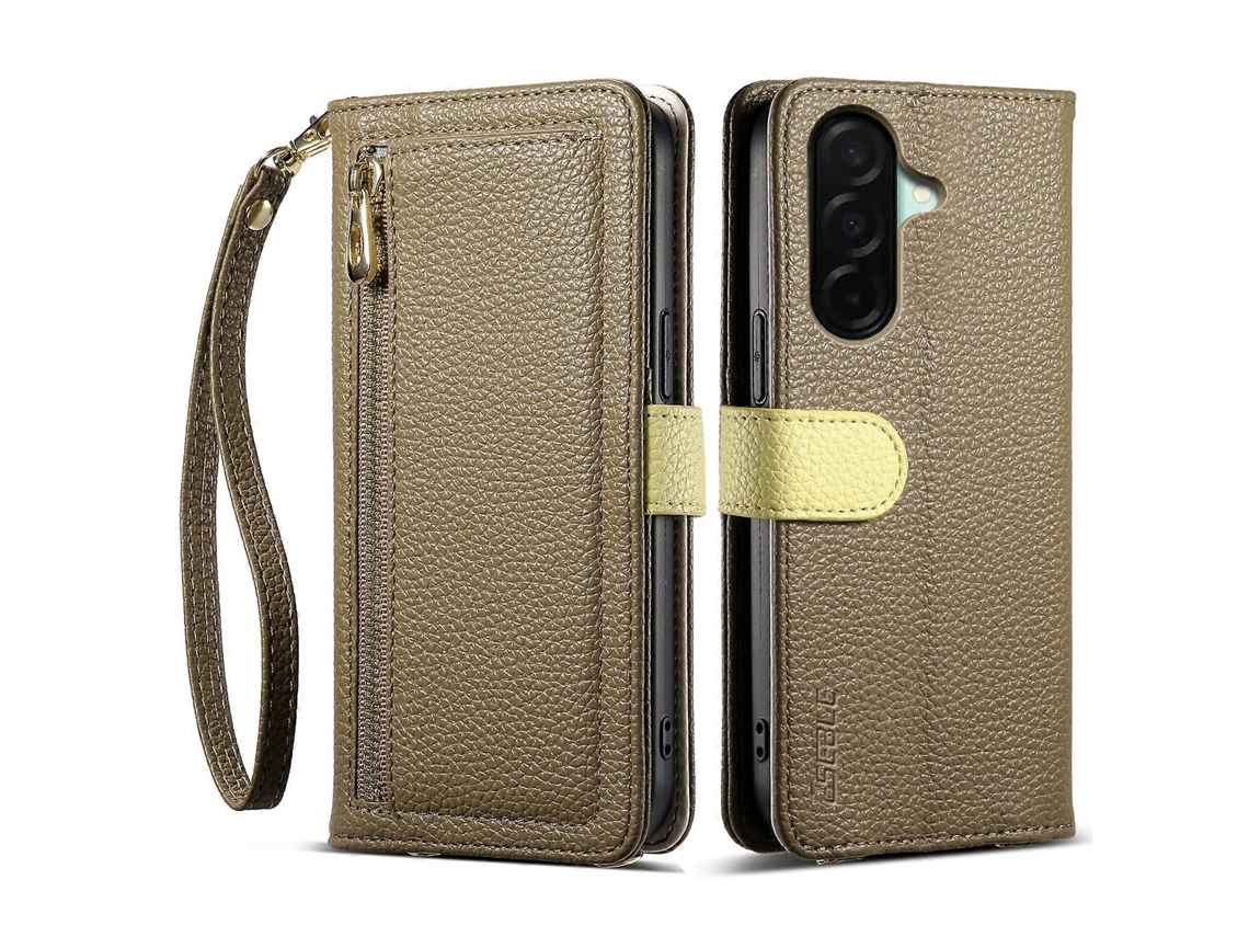 Capa Tkdaddy Eseble E11 Para Samsung Galaxy A26 5g Com Zíper E Bolso, Capa De Couro Com Textura De Lichia, Espelho E Alça De Pulso, Marrom