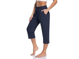 Pantalones Capri De Yoga Para Mujer Sueltos Com Bolsos Elásticos Suaves Para Treinamento E Pijama Casual Xxl Azul Marino