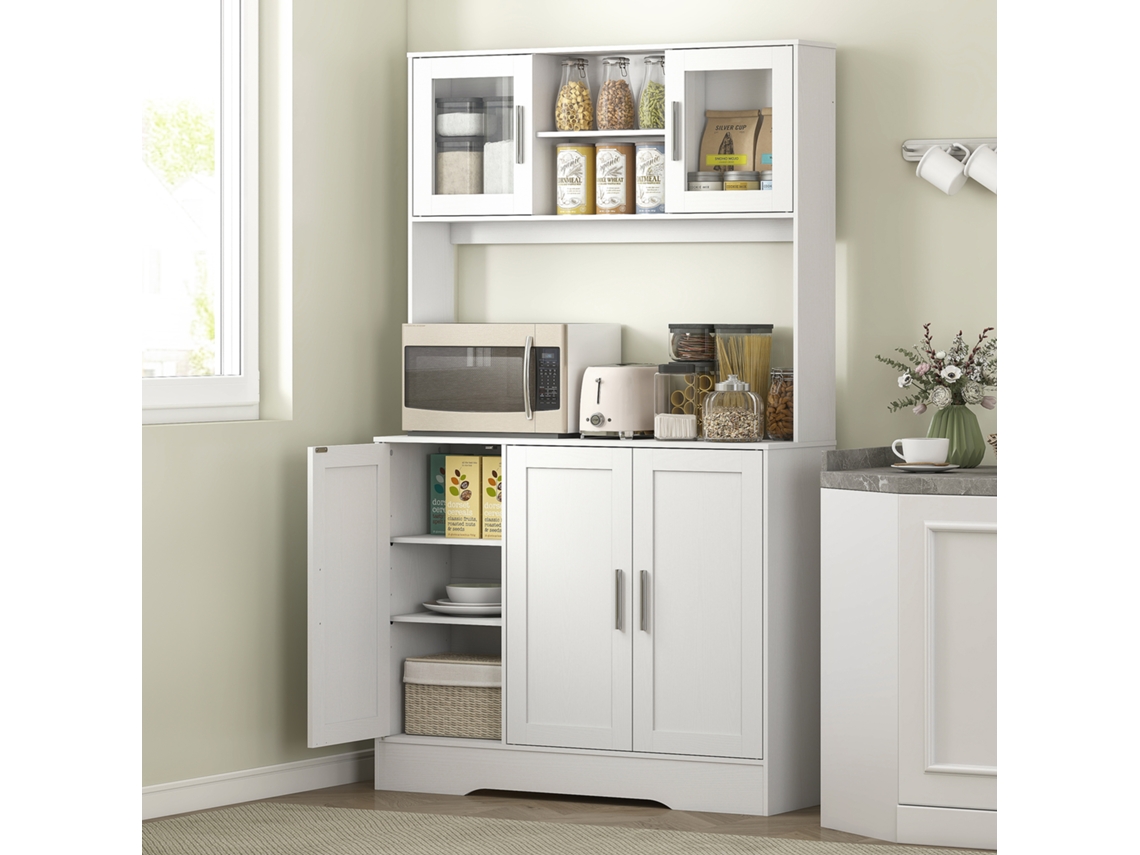 Armário De Cozinha Com 2 Portas De Vidro Bancada Ampla Para Micro-ondas Compartimentos Abertos Prateleiras Ajustáveis Branco