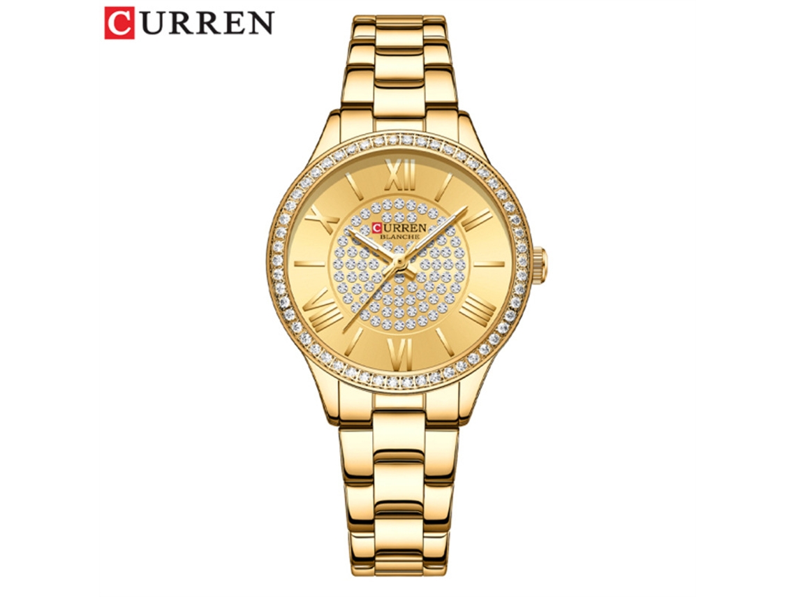 Relógio (dourado) Com Strass E Pulseira De Aço, Estilo Moderno E Casual.