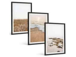 Composição De Quadros Ondas Da Praia, Pedras, Verão Moldura Preta Pinturas De Quarto Espelharte (3 Piezas De 40x60 Cm)