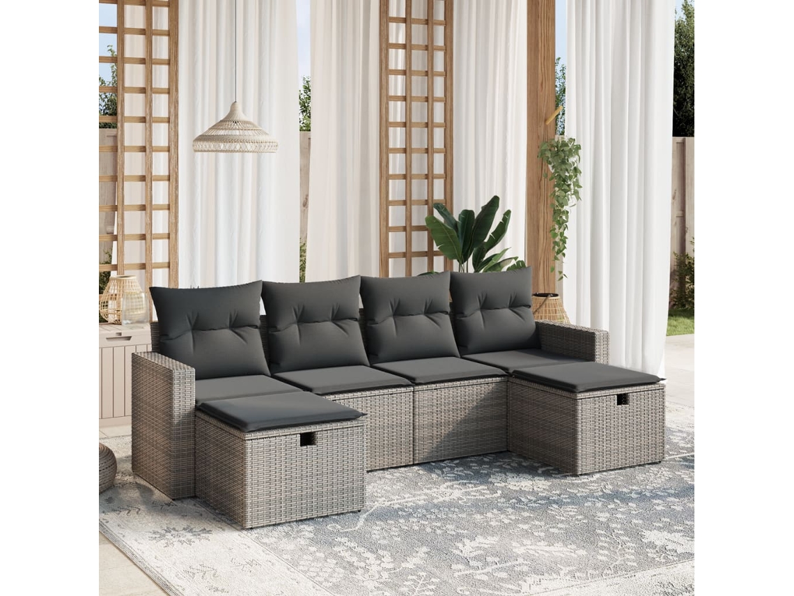 Vidaxl 6 Pcs Conjunto Sofás De Jardim Com Almofadões Vime Cinzento