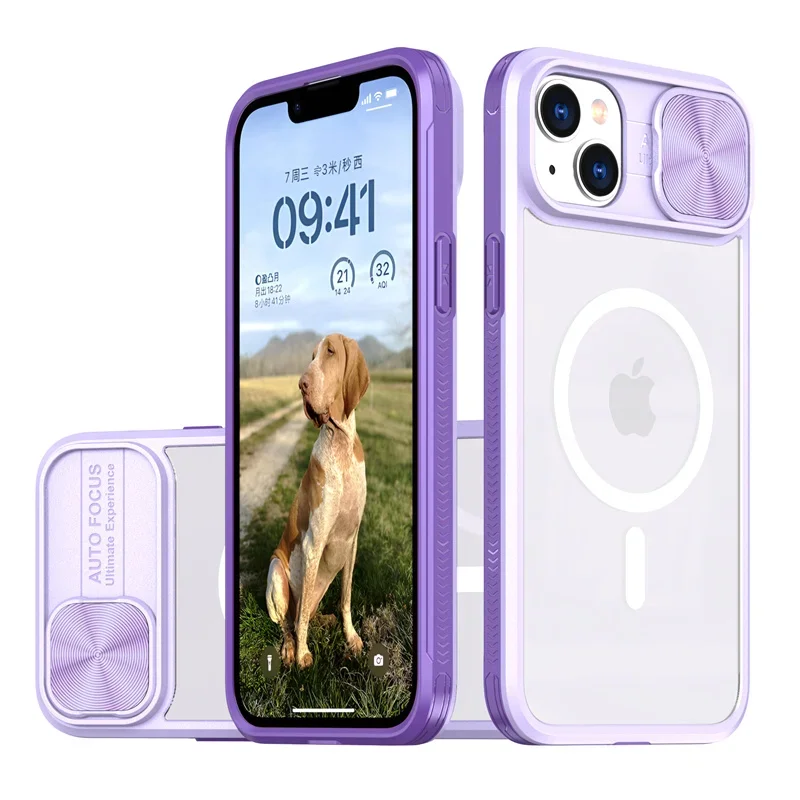 (iphone 7 Plus, Roxo) Capa Protetora Com Carregamento Sem Fio Magnético Magsafe E Tampa Deslizante Para A Lente Em Acrílico.