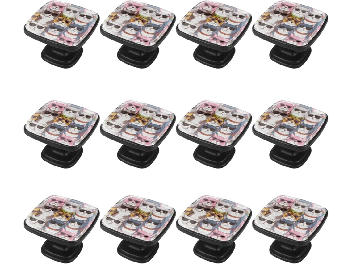Puxadores E Botões Quadrados Para Gavetas Armários, Conjunto De 12 Peças, Com Desenhos De Gatos Divertidos, Ideais Para