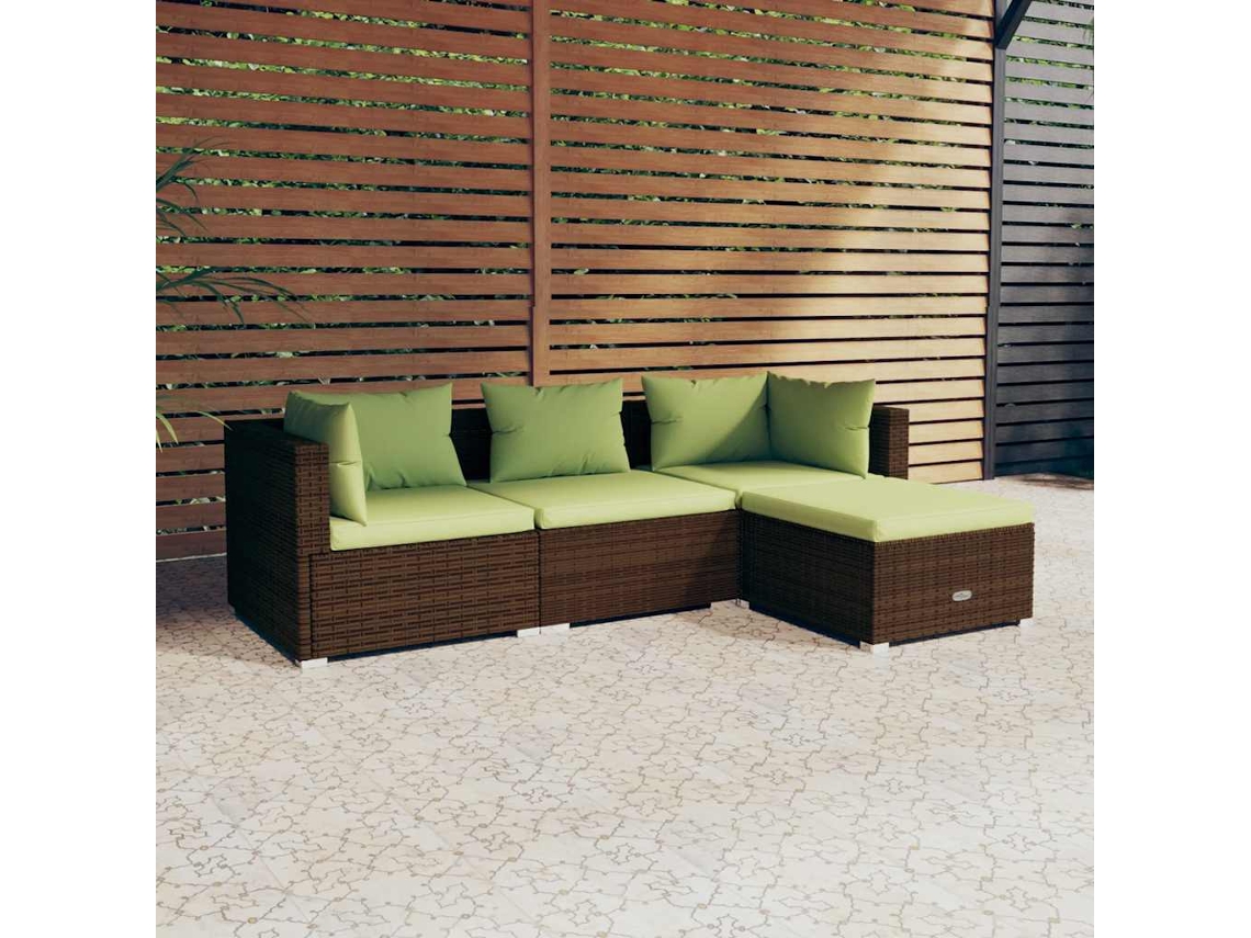 Vidaxl 4 Pcs Conjunto Lounge Jardim C/ Almofadões Vime Pe Castanho