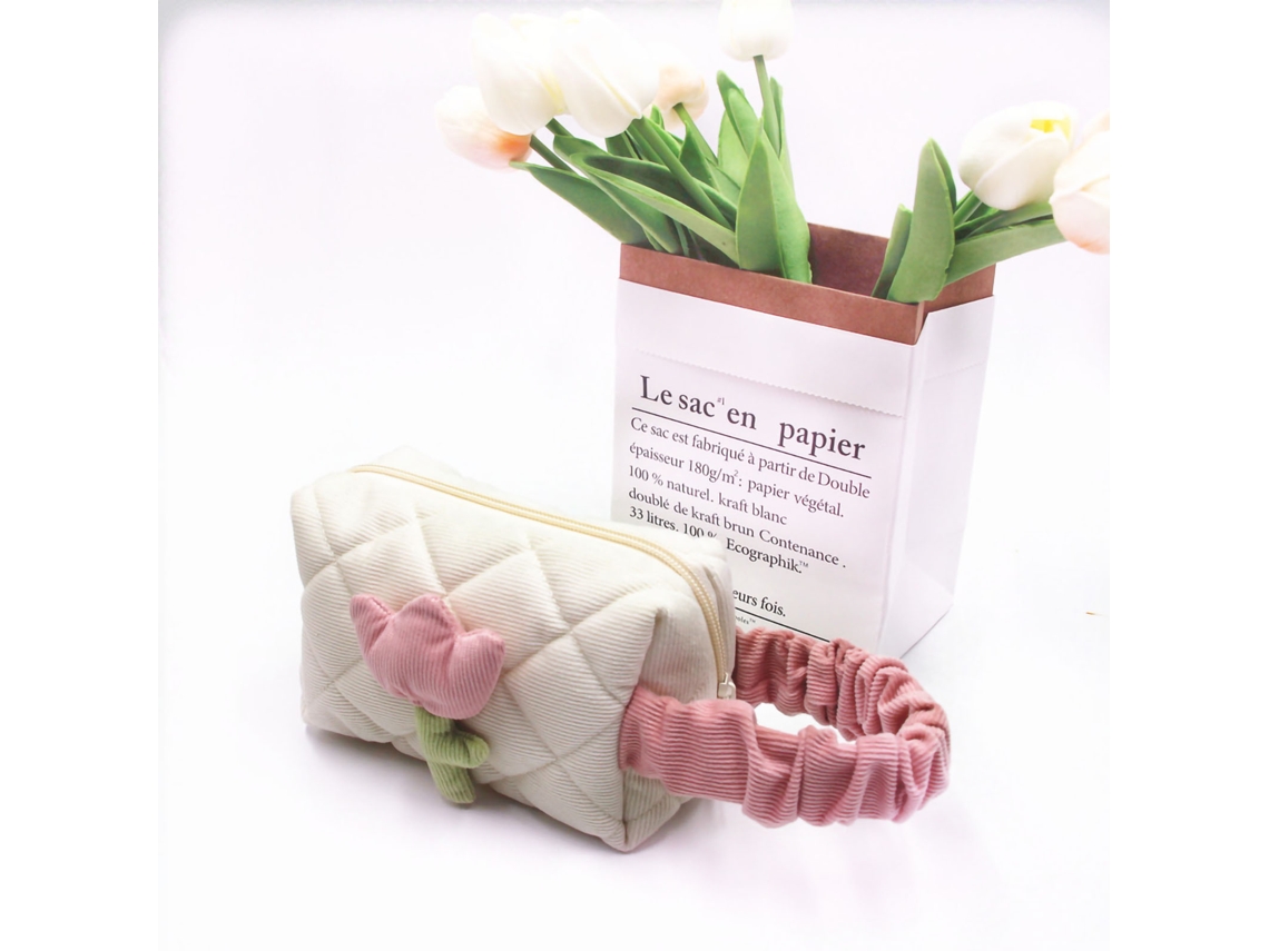 Bolsa de cosméticos de veludo, tulipa, grande capacidade, portátil, branca S/MARCA