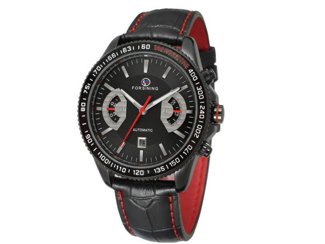 Relógio masculino Forsining automático mecânico, mostrador redondo, pulseira analógica, preto.
