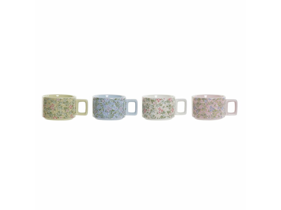 Conjunto De Chávenas De Café Dkd Home Decor Azul Cor De Rosa Metal Verde Bloemen Dolomite (13 X 9,5 X 6,5 Cm) (4 Pcs) (260 Ml)