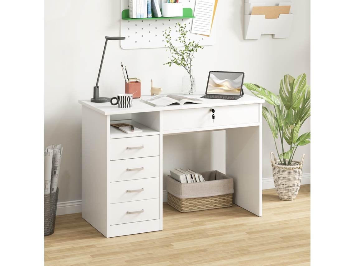 Mesa De Estudo Em Madeira Branca 110x50x76cm Para Quarto Ou Escritório, Com Duas Gavetas E Duas Chaves Inclusas