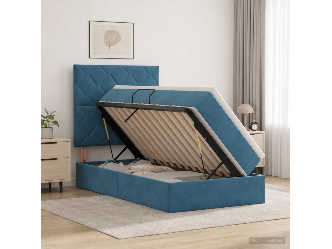 Vidaxl Cama Com Arrumação E Colchão Azul Escuro 90 X 200 Cm Veludo