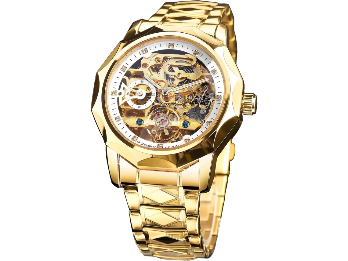 Lurelia Relógio Mecânico Masculino, Automático, Luminoso, Detalhes Com Strass, Mostrador Esqueleto, Turbilhão, Aço Inoxidável, Vidro Mineral